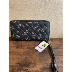 New Floral‎ Women's Wallet With Wristlet Black With Flowers